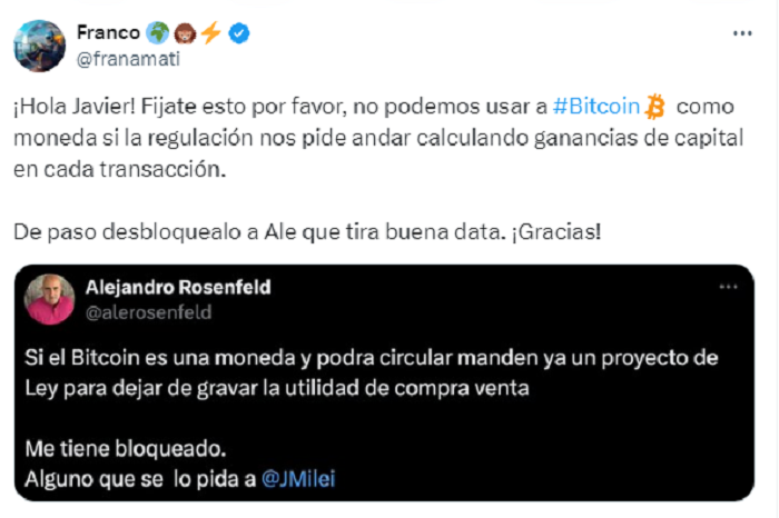 Comentario sobre Bitcoin y la regulación impositiva en Argentina. Fuente: X
