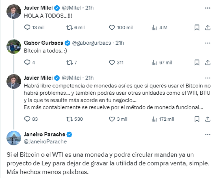 Un usuario de Bitcoin le reclamó a Javier Milei a eliminar trabas impositivas. Fuente: X