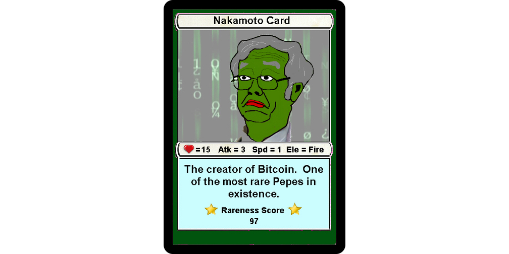 Dorian Nakamoto es ​tan icónico para la comunidad de criptomonedas que tiene una carta de RarePepe. Fuente: RAREPEPE.