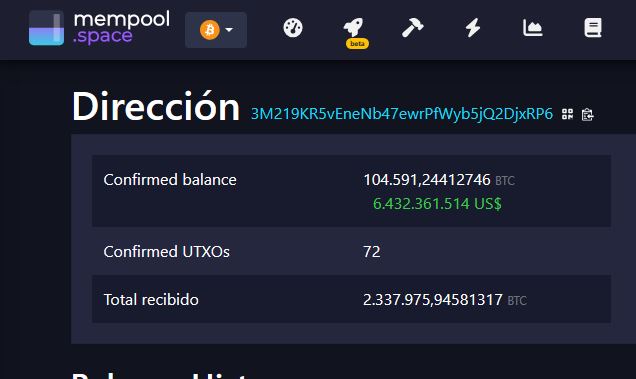 Dirección de una de las grandes ballenas de bitcoin. Fuente: Mempool.space.