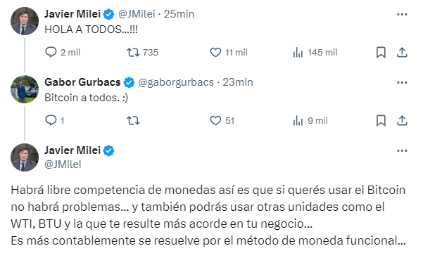 Publicación de Javier Milei en X sobre la libre competencia de monedas