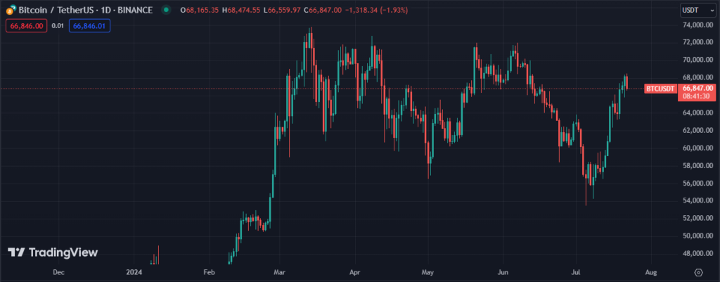 Precio de bitcoin expresado en velas diarias. Fuente: TradingView