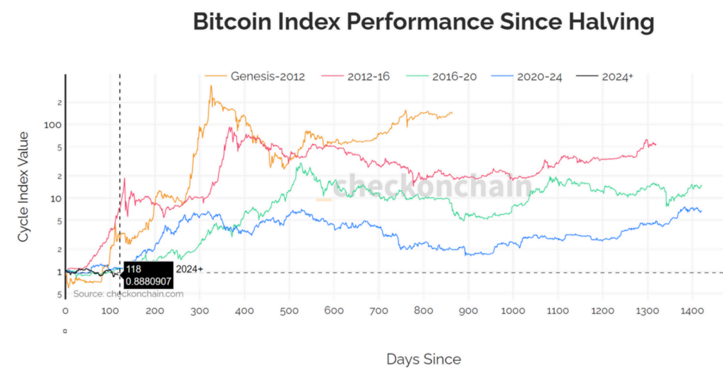 Desempeño​ del precio de bitcoin⁢ desde cada​ halving. Fuente:⁤ Alfa Bitcoin.